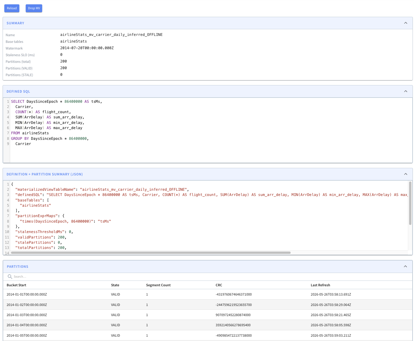 MV detail page in the Pinot controller UI